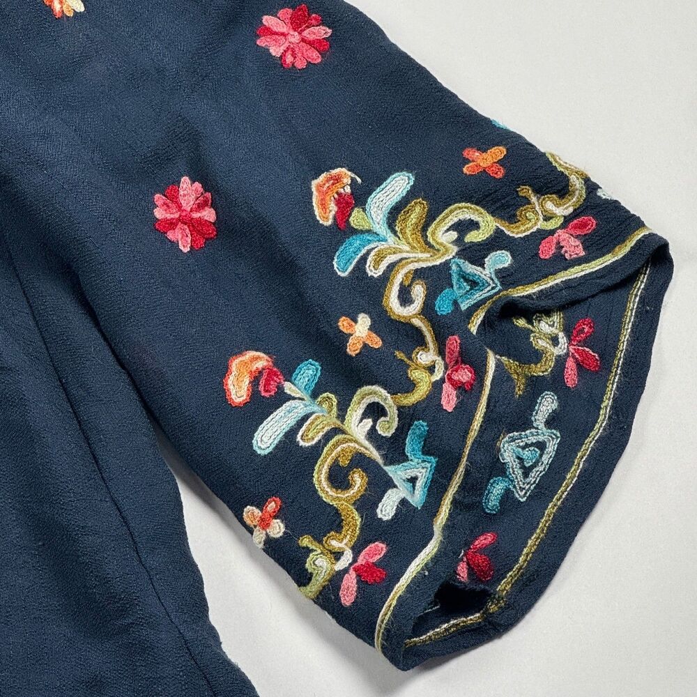 Vintage Figueroa & Flower Navy Embroidered Blouse Boho Floral Bell Sleeve Top